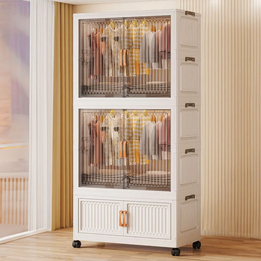 StarAndDaisy Plastic Wardrobe for Cloths with Wheels, Portable Storage Cubes with Handles, 1 Wardrobe & 2 Folding Box - White Transparent 2)
