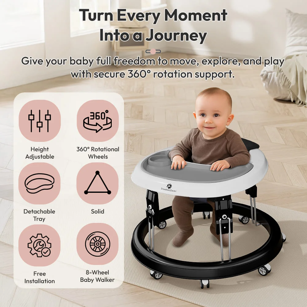 StarAndDaisy Baby Walker with Adjustable Height, Infant Walker with 360° Rotational Wheels and Detachable Feeding Tray, Padded Seat for 6-24 Months Babies - Black