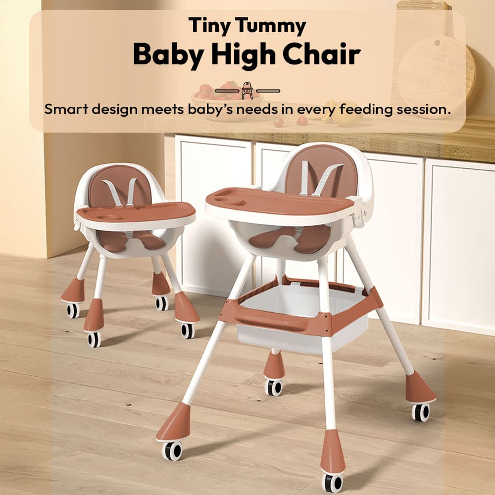 StarAndDaisy Baby Feeding High Chair with Dual Feeding Trays, Booster Seat Feature, Safety Harness, and Silent Wheels for Easy Movement and Feeding - Brown