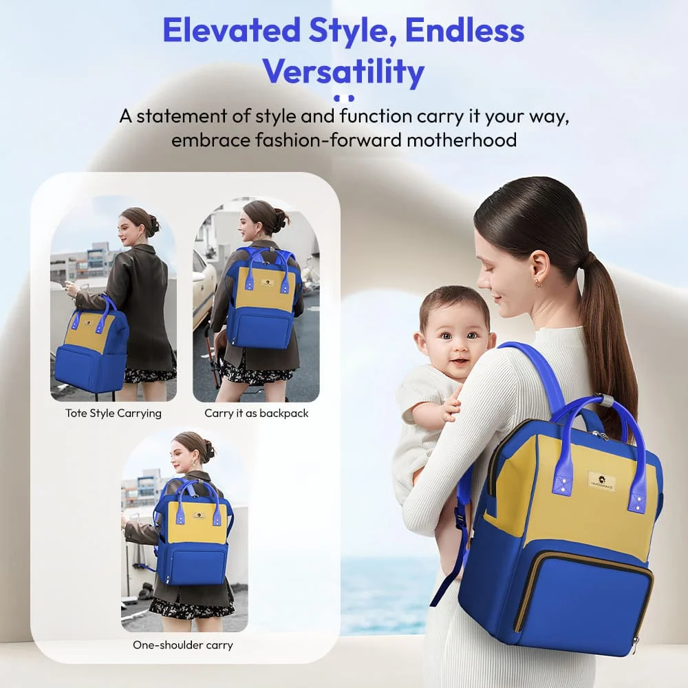 StarAndDaisy Stylish Diaper Bag with Multi-Compartments, Insulated Bottle Pocket, Extra Small Pouch - Blue Yellow