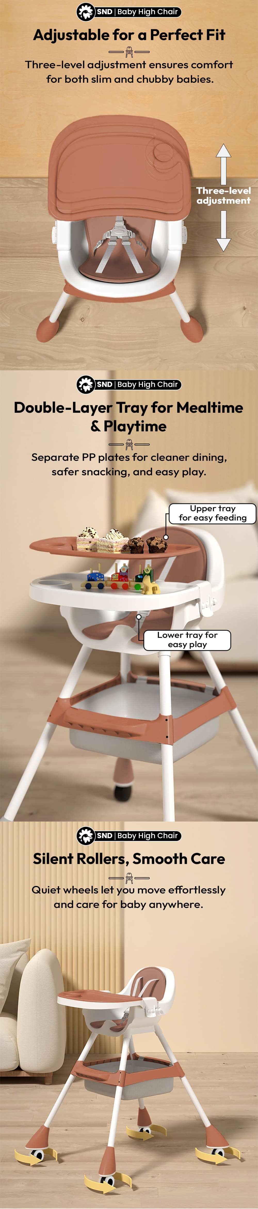High chair for babies with removable food tray