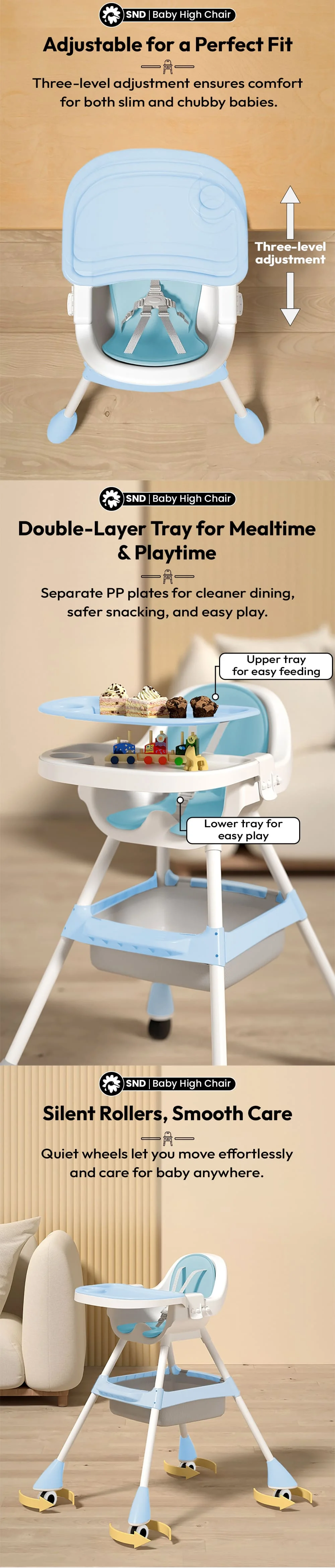 High chair for babies with removable food tray