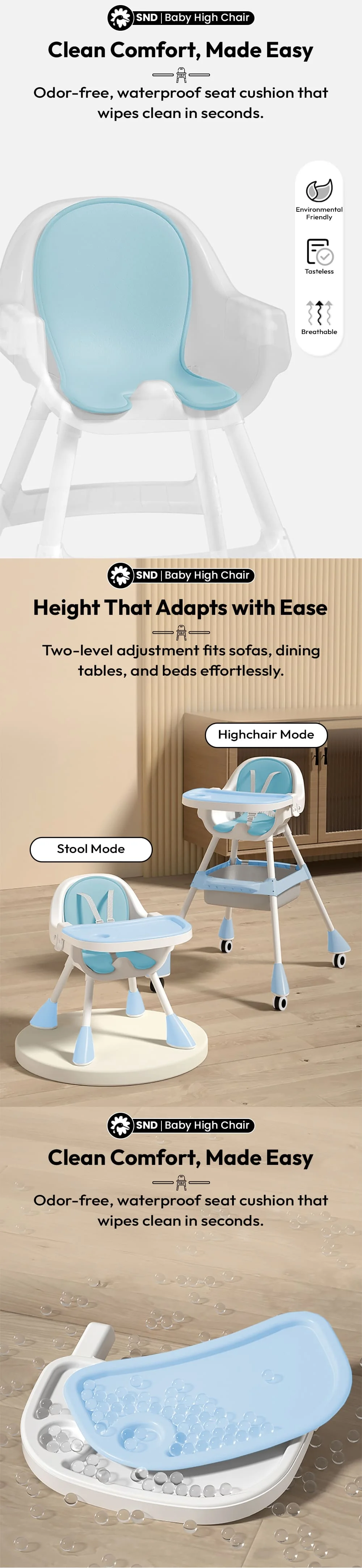 Convertible baby high chair to booster seat
