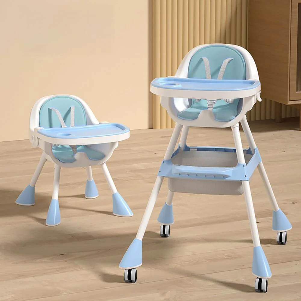 StarAndDaisy Adjustable Baby High Chair with Dual Feeding Trays, Booster Seat Feature, Safety Harness, and Silent Wheels for Easy Movement and Feeding - Blue