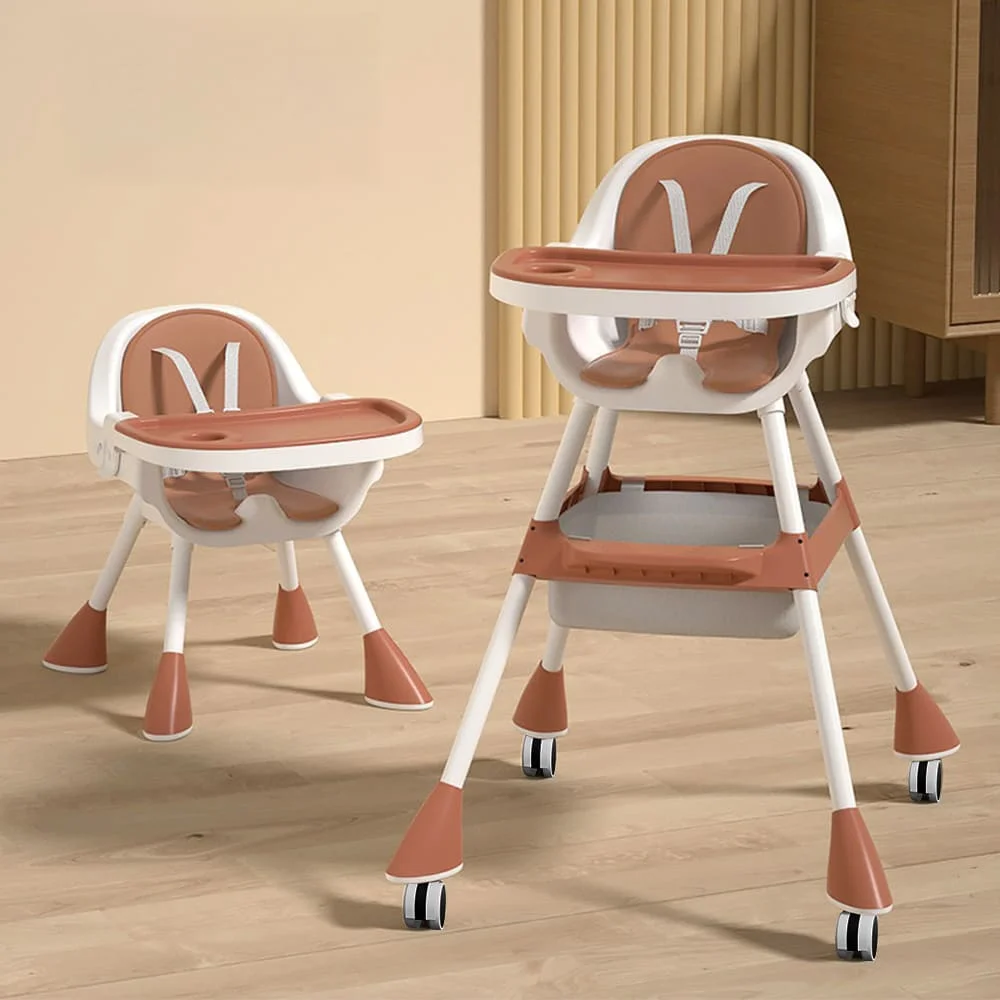 StarAndDaisy Baby Feeding High Chair with Dual Feeding Trays, Booster Seat Feature, Safety Harness, and Silent Wheels for Easy Movement and Feeding - Brown
