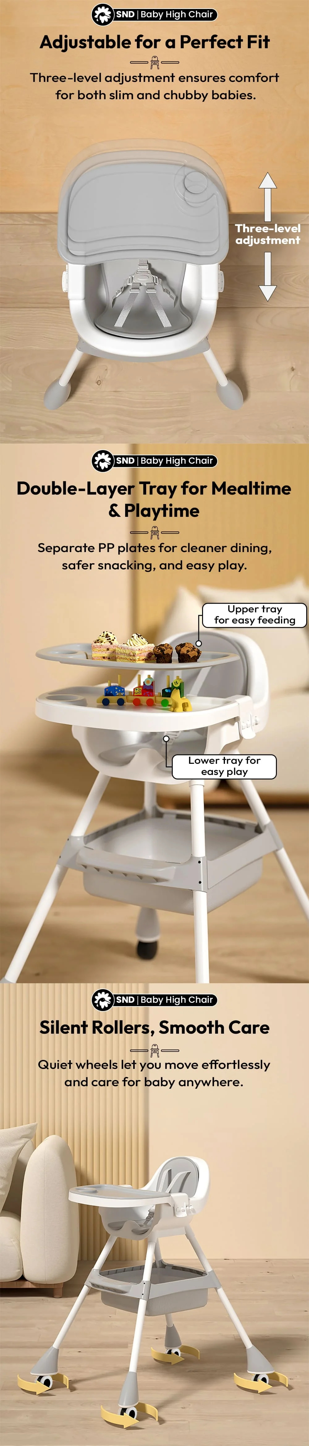 High chair for babies with removable food tray