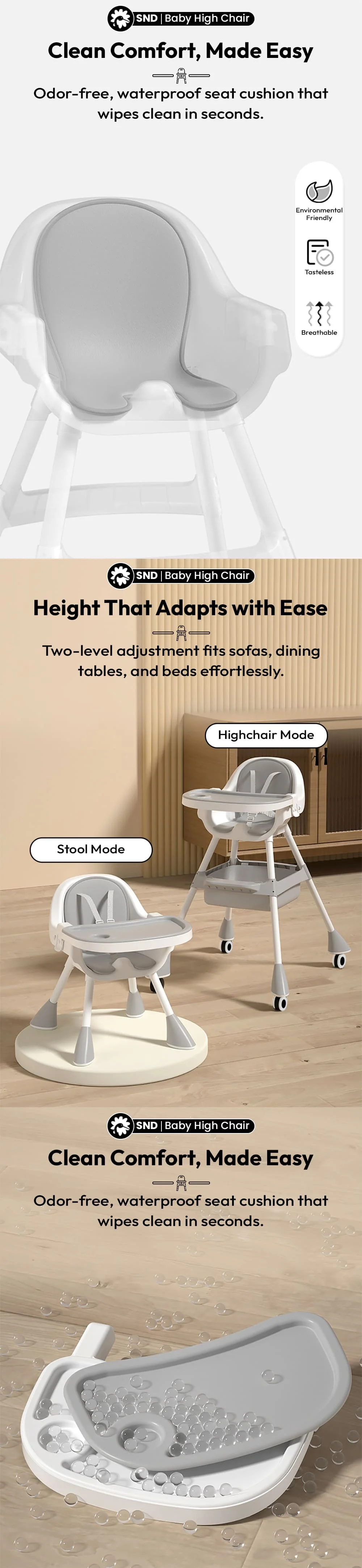 Convertible baby high chair to booster seat