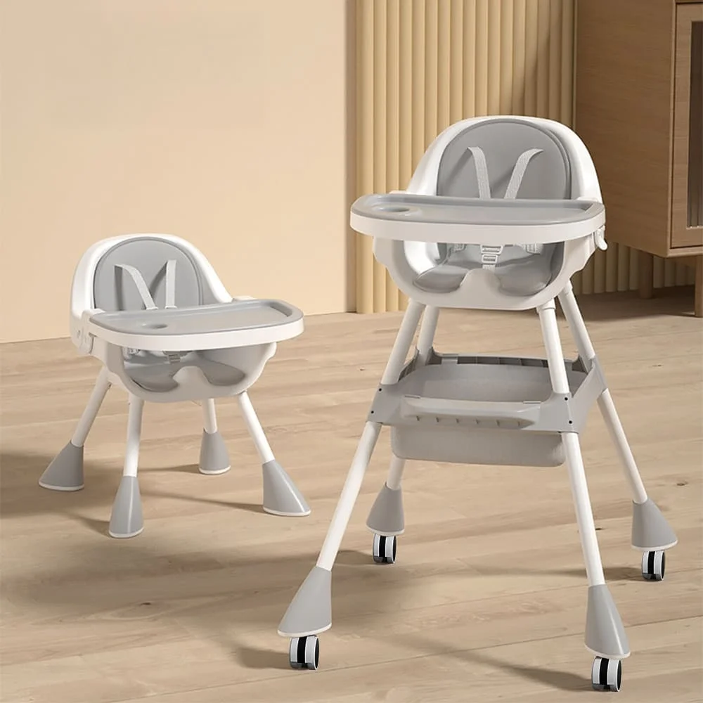 StarAndDaisy Multi-Purpose Baby Feeding Chair with Booster Seat Mode, Adjustable Dual Trays, Safety Support, and Smooth Silent Wheels for Toddlers- Grey