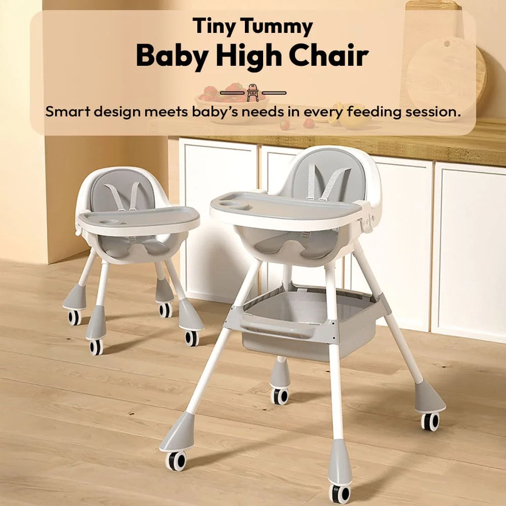 StarAndDaisy Multi-Purpose Baby Feeding Chair with Booster Seat Mode, Adjustable Dual Trays, Safety Support, and Smooth Silent Wheels for Toddlers- Grey