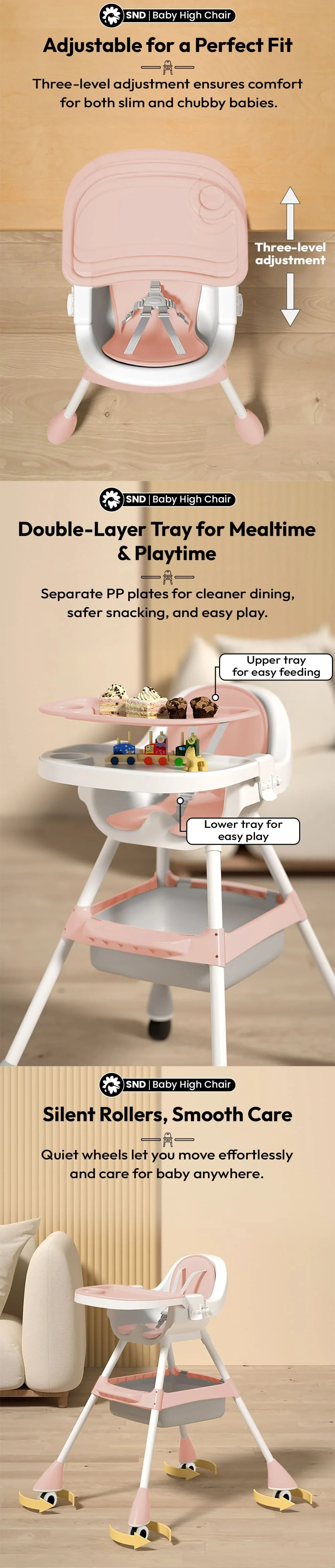 High chair for babies with removable food tray