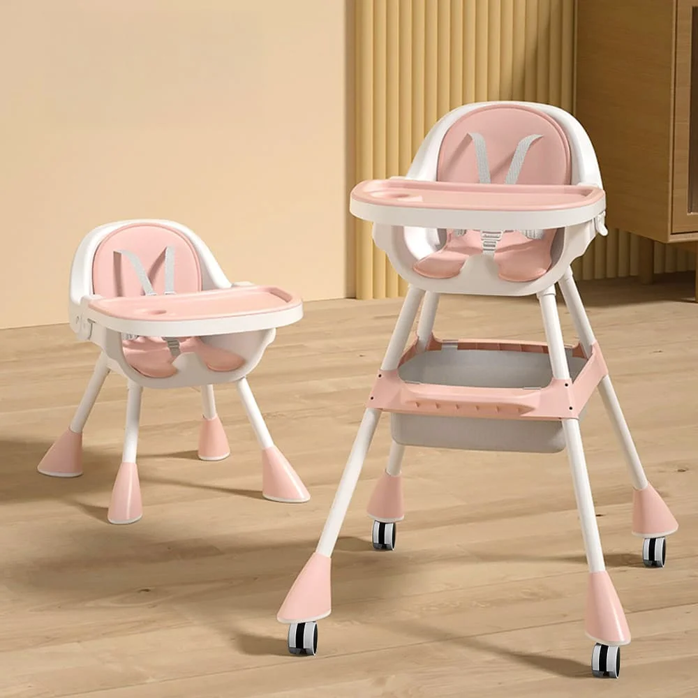 StarAndDaisy Convertible Baby High Chair with Adjustable Tray, Baby Booster Seat with Dual Feeding Tray & Silent Wheels for Toddlers - Peach