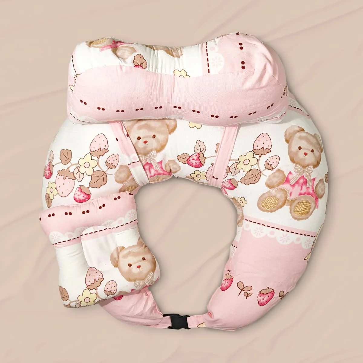 StarAndDaisy Baby Pillow for Feeding with Supportive Hand Cushion, Breastfeeding Pillows with Adjustable Waist Belt & Supportive Head Rest - Teddy Print