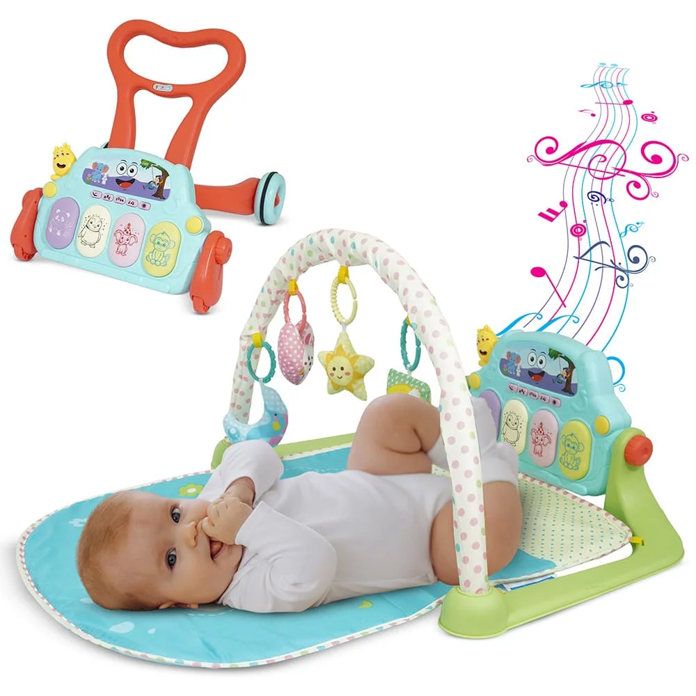 2-in-1 Baby Play Gym Walker, Push Walker with Play Piano, Tummy Time Mat for Babies - Red