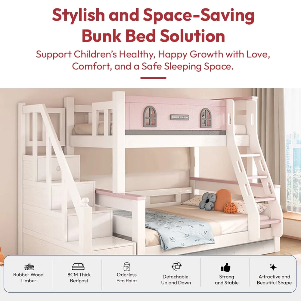 StarAndDaisy Premium Kids Bunk Bed with Ladder Storage, Double Decker Kids Bed with Bed Guardrail - T1 Pink