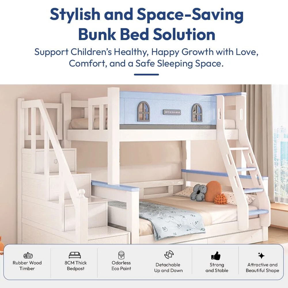 StarAndDaisy Stylish Kids Bunk Bed with Ladder Storage, Double Decker Kids Bed with Bed Guardrail - T2 Blue