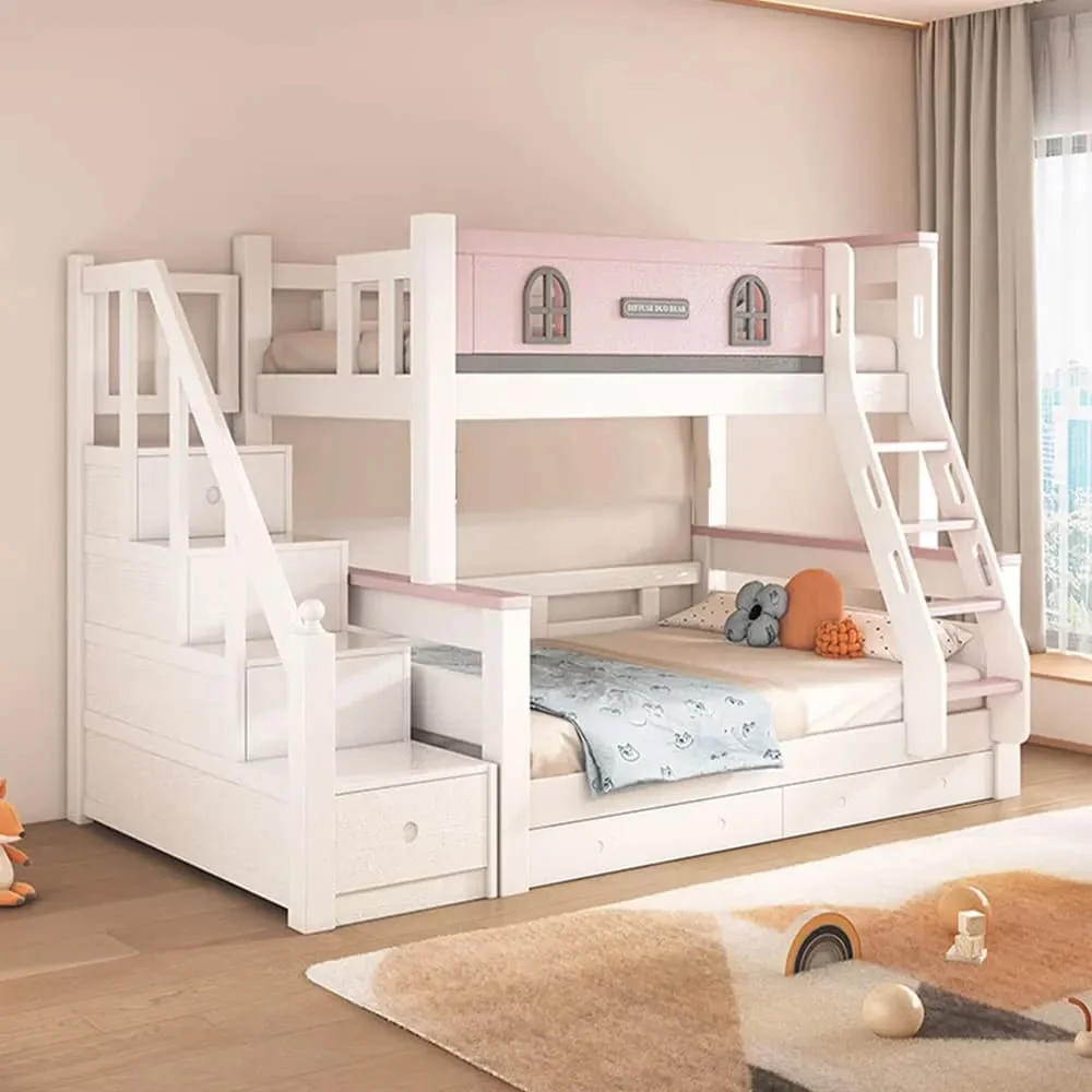 StarAndDaisy Premium Kids Bunk Bed with Ladder Storage, Double Decker Kids Bed with Bed Guardrail - T1 Pink