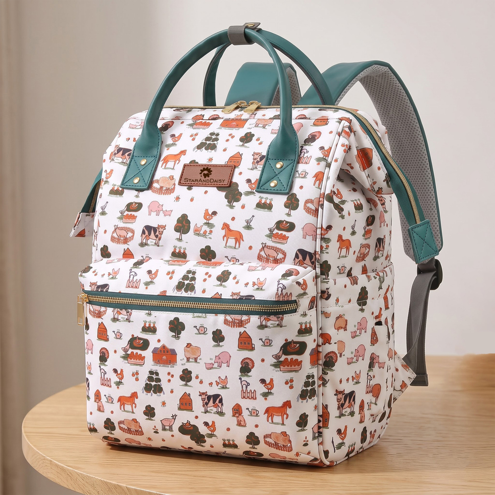 StarAndDaisy Premium Diaper Bag with Insulated Pockets, Spacious Diaper Backpack with Laptop Compartment – Printed Teal Blue