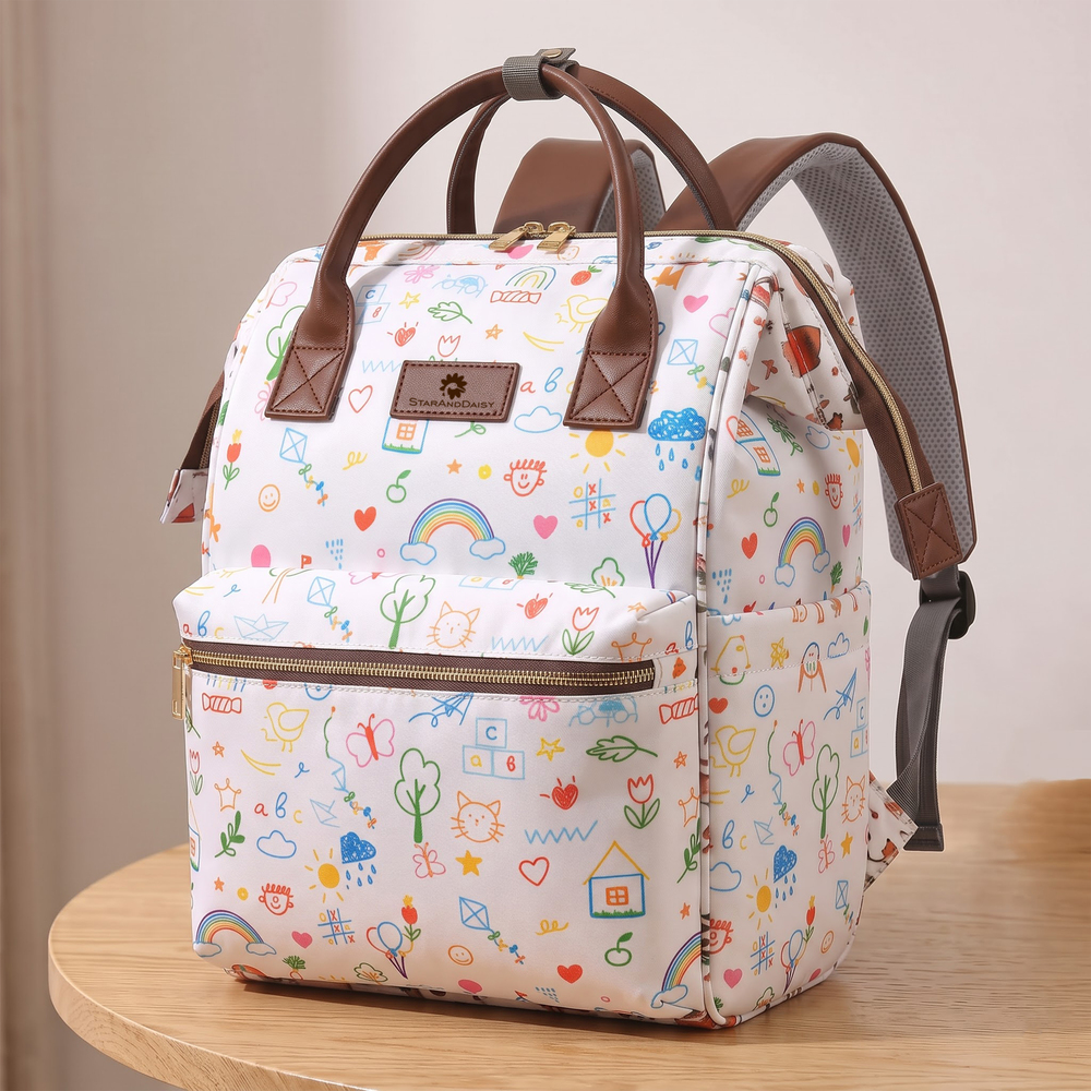 StarAndDaisy Premium Baby Diaper Bag with Insulated Pockets, Spacious Diaper Backpack with Laptop Compartment – Printed Brown