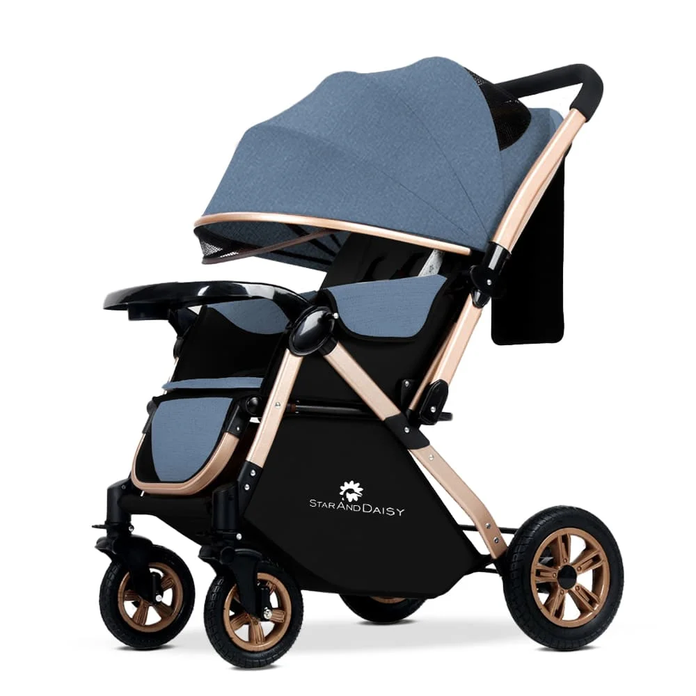 StarAndDaisy Ultra Baby Stroller Pram & Buggy, Pushchair Reversible Handle with Anti-Shock Rubber Wheels (Blue)