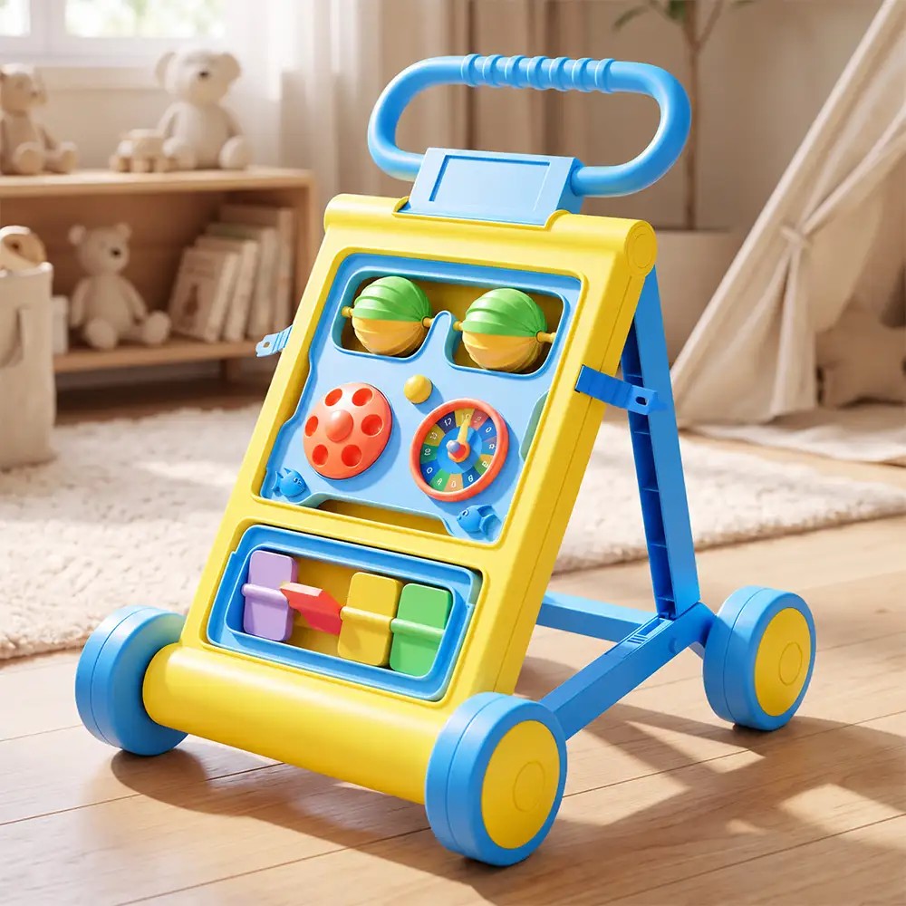 Uonibaby by StarAndDaisy Baby Push Walker with Music, Kids Push Walker with Wheels and Colorful Plates – Blue