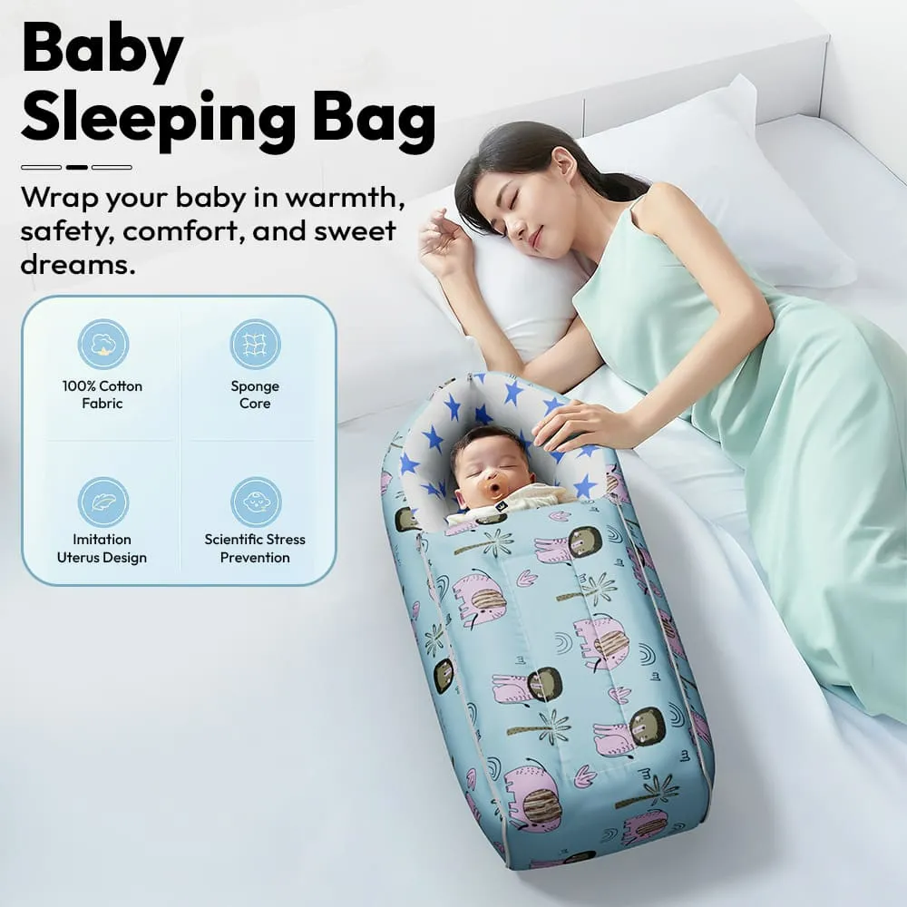 StarAndDaisy 3-in-1 Sleeping Bag for Newborns, Lounger & Bed, Comfortable & Easy to Wash - Elephant Print Blue