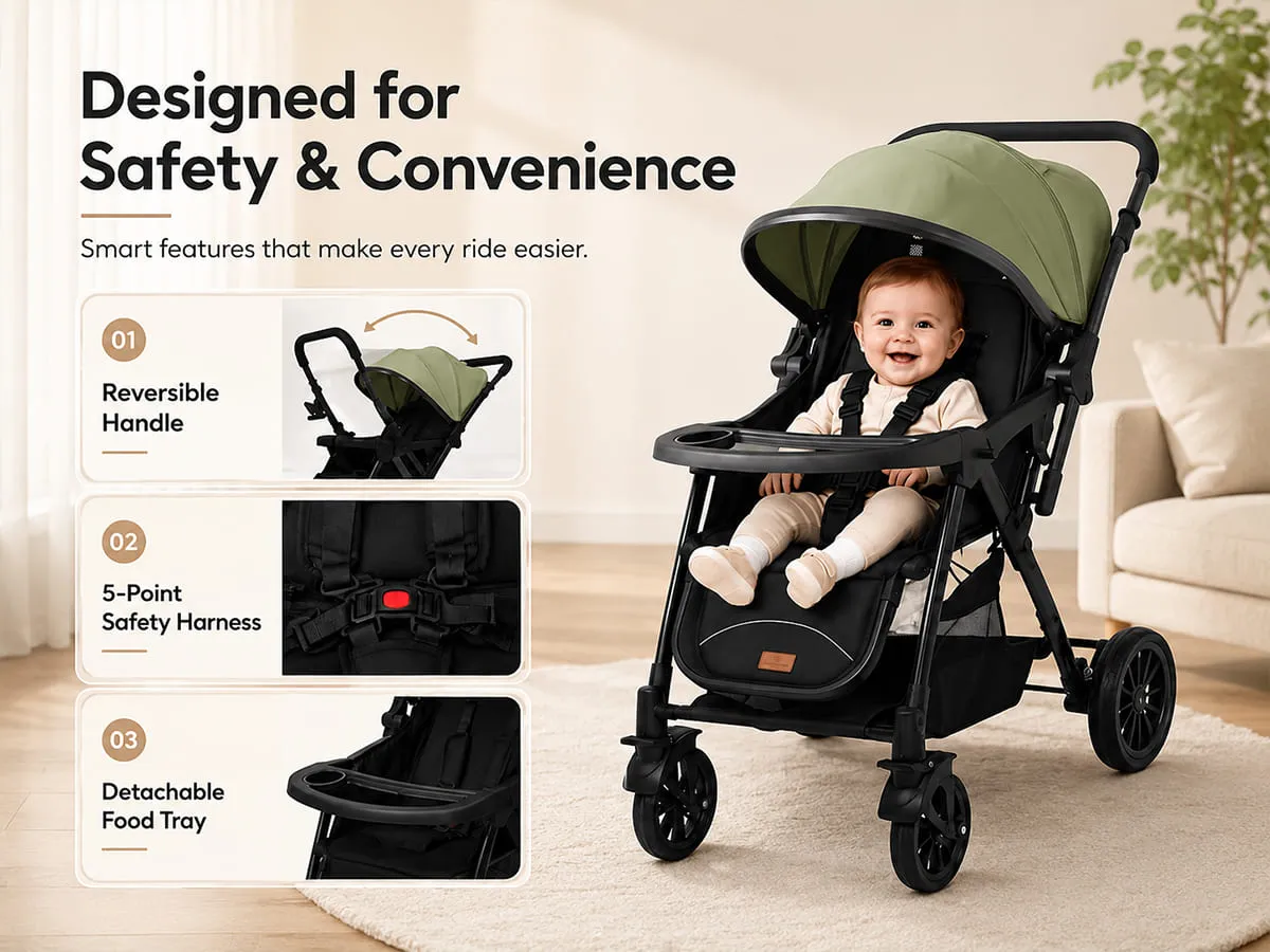 Baby Stroller with Reversible Handle, Lightweight & Foldable with Canopy