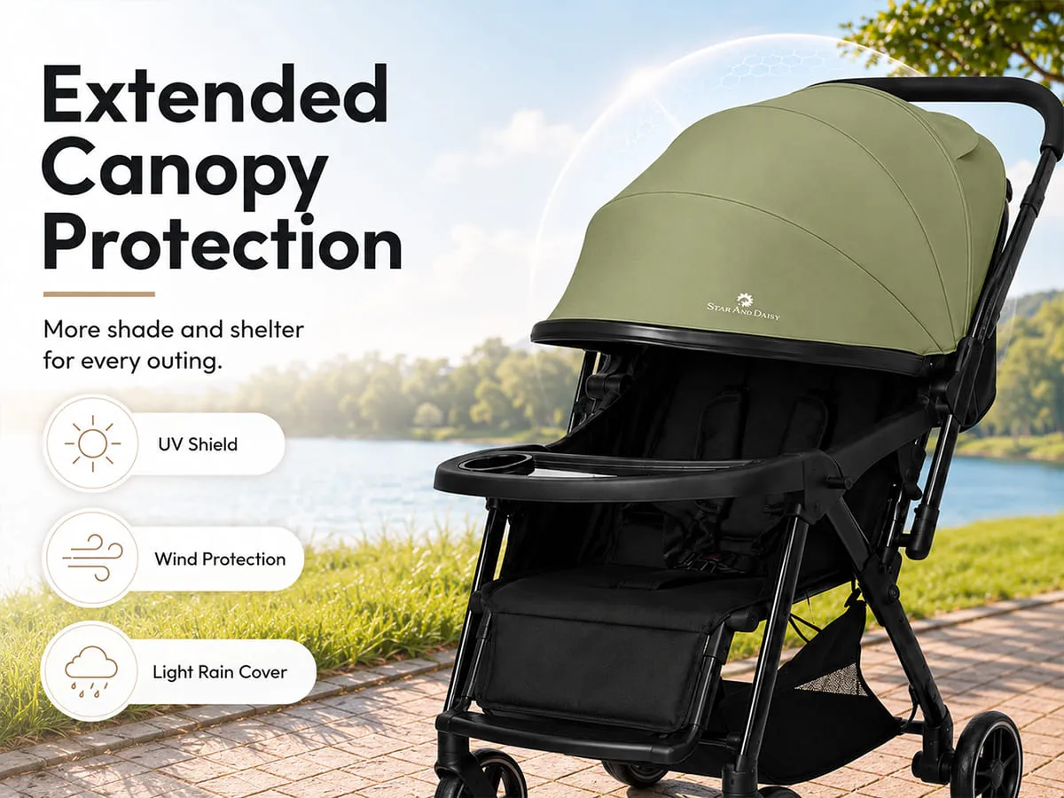 Baby Stroller with Reversible Handle, Lightweight & Foldable with Canopy