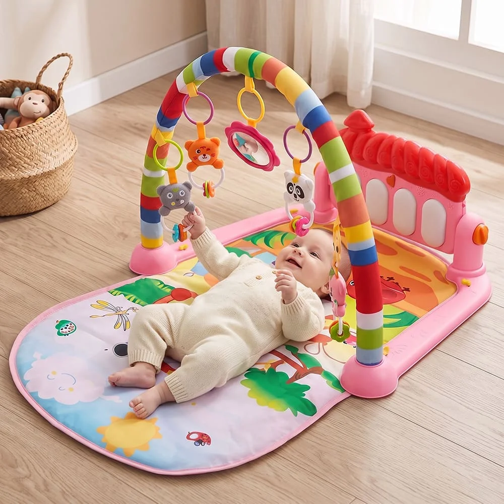 Uonibaby Baby Play Gym with Hanging Toys, Tummy Time Mat with Play Piano for Babies – Pink