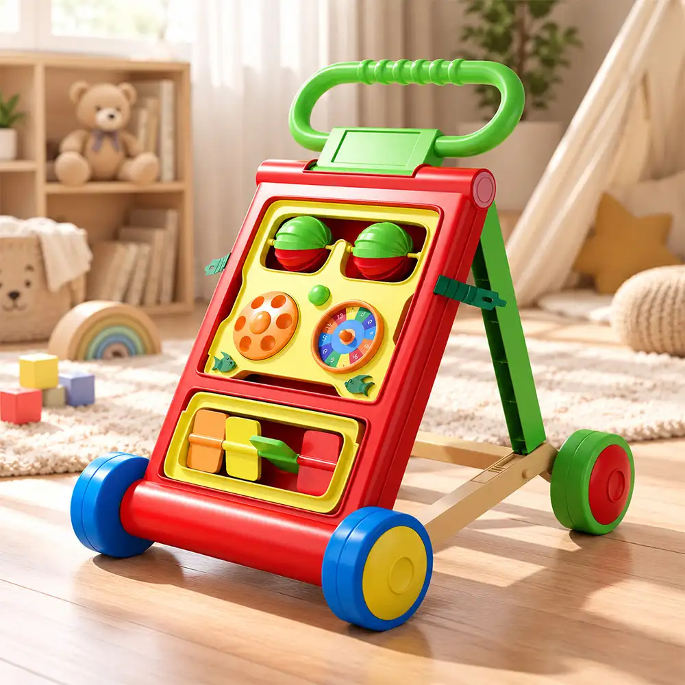 Uonibaby by StarAndDaisy Baby Push Walker with Music, Kids Push Walker with Wheels and Colorful Plates – Red