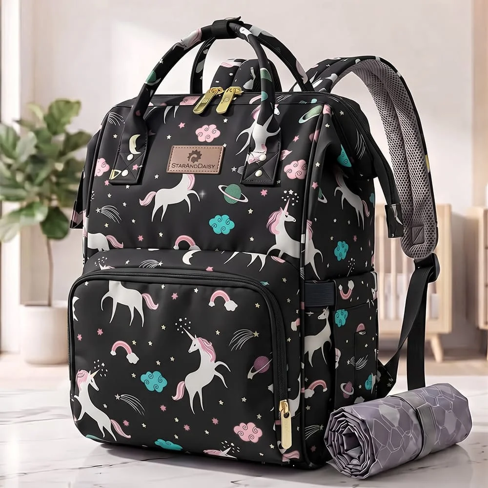 StarAndDaisy Diaper Bag Backpack with Changing Mat, Mothers Travelling Bag with Insulated Pocket & Spacious Compartments – Unicorn Black