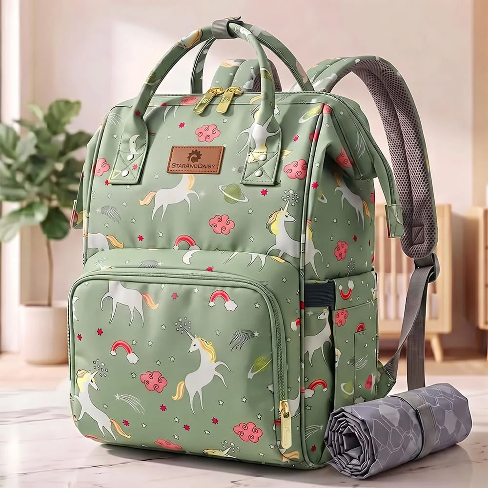 StarAndDaisy Mom & Baby Travel Bag, New Mothers Travelling Bag with Changing Mat, Insulated Pocket & Spacious Compartments – Unicorn-Green