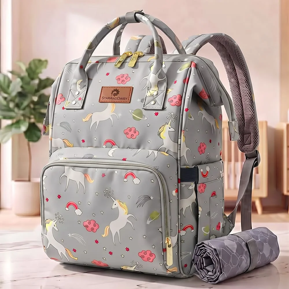 StarAndDaisy Best Travel Diaper Bag with Changing Mate, New Mothers Travelling Bag with Insulated Pocket & Spacious Compartments – Unicorn Grey