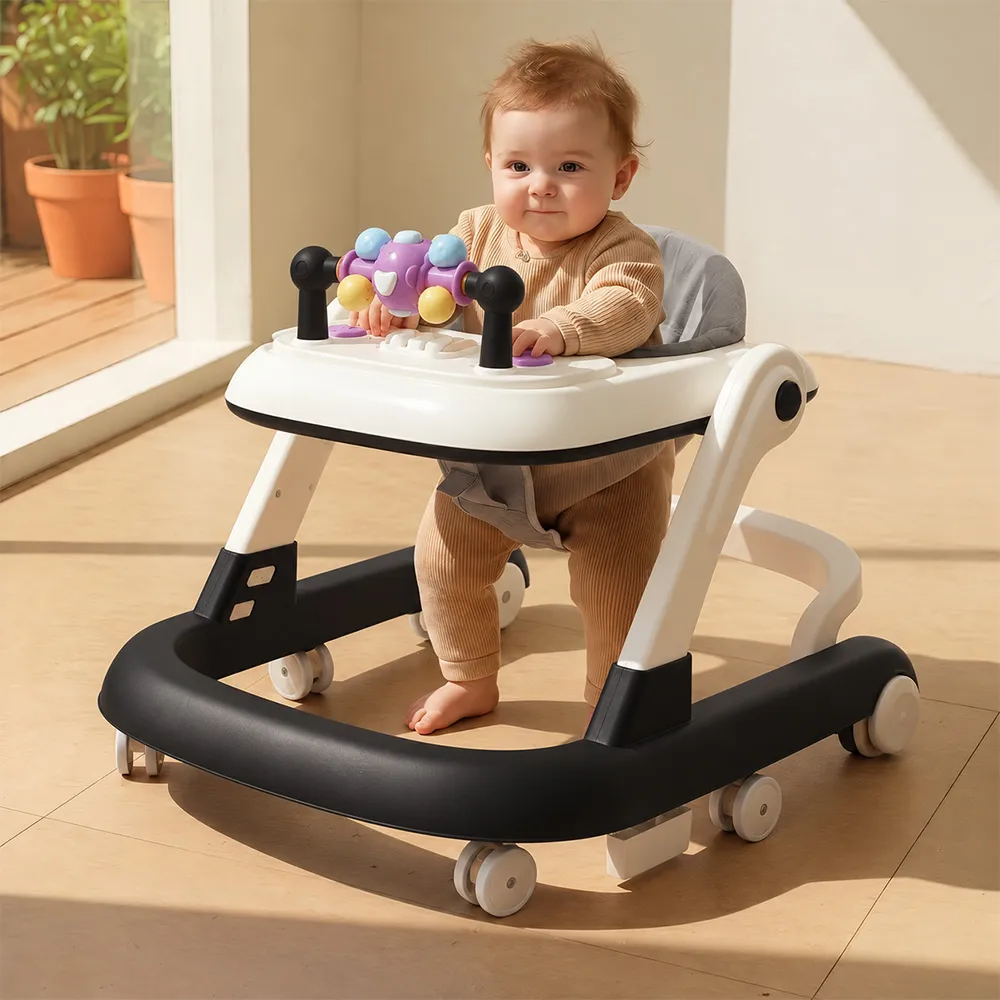 StarAndDaisy Wiggle Baby Walker with Educational Toy Tray, Adjustable Height, Foldable Design and Silent Wheels – Grey