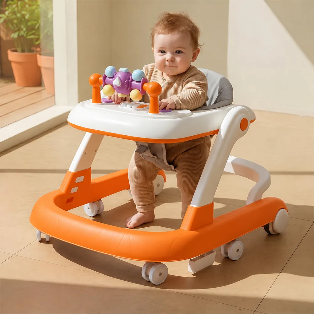 StarAndDaisy Wiggle Baby Walker with Educational Toy Tray, Foldable Design, Adjustable Height and Silent Wheels – Orange