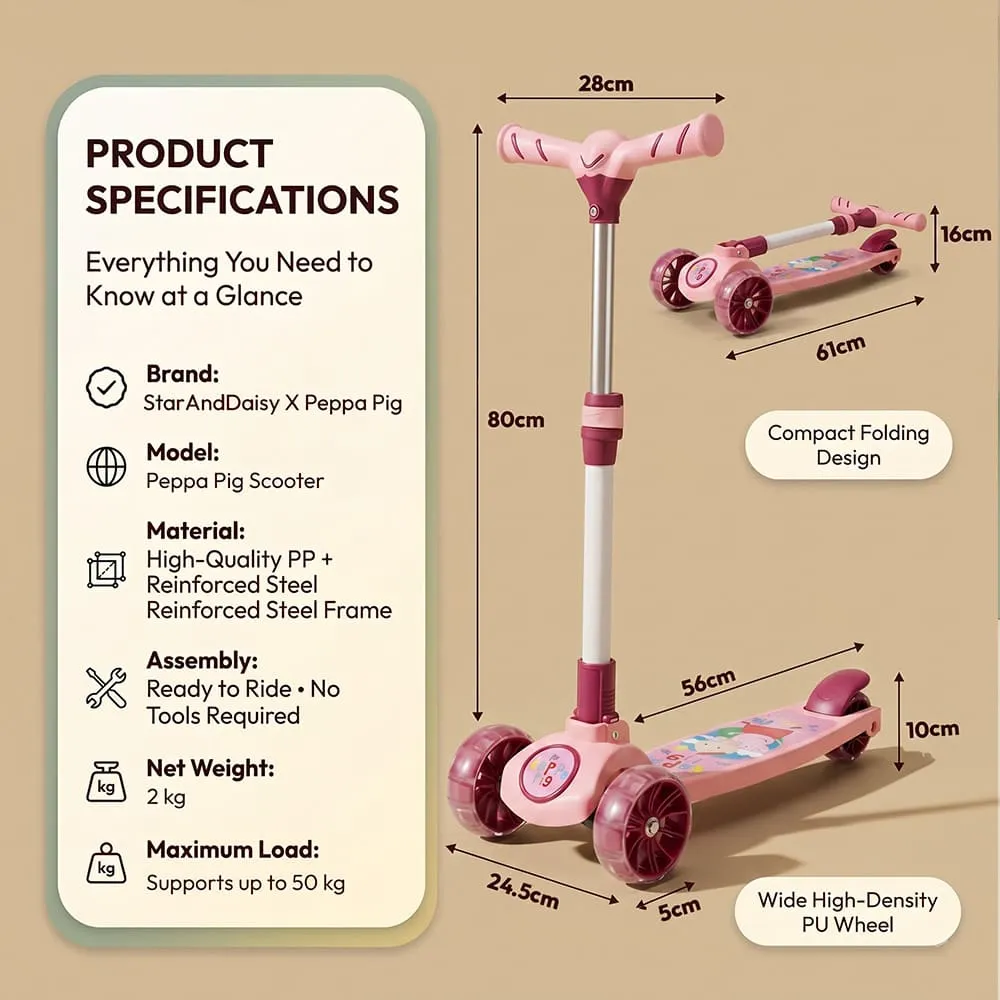 details and dimension of Peppa pig kids scooter pink