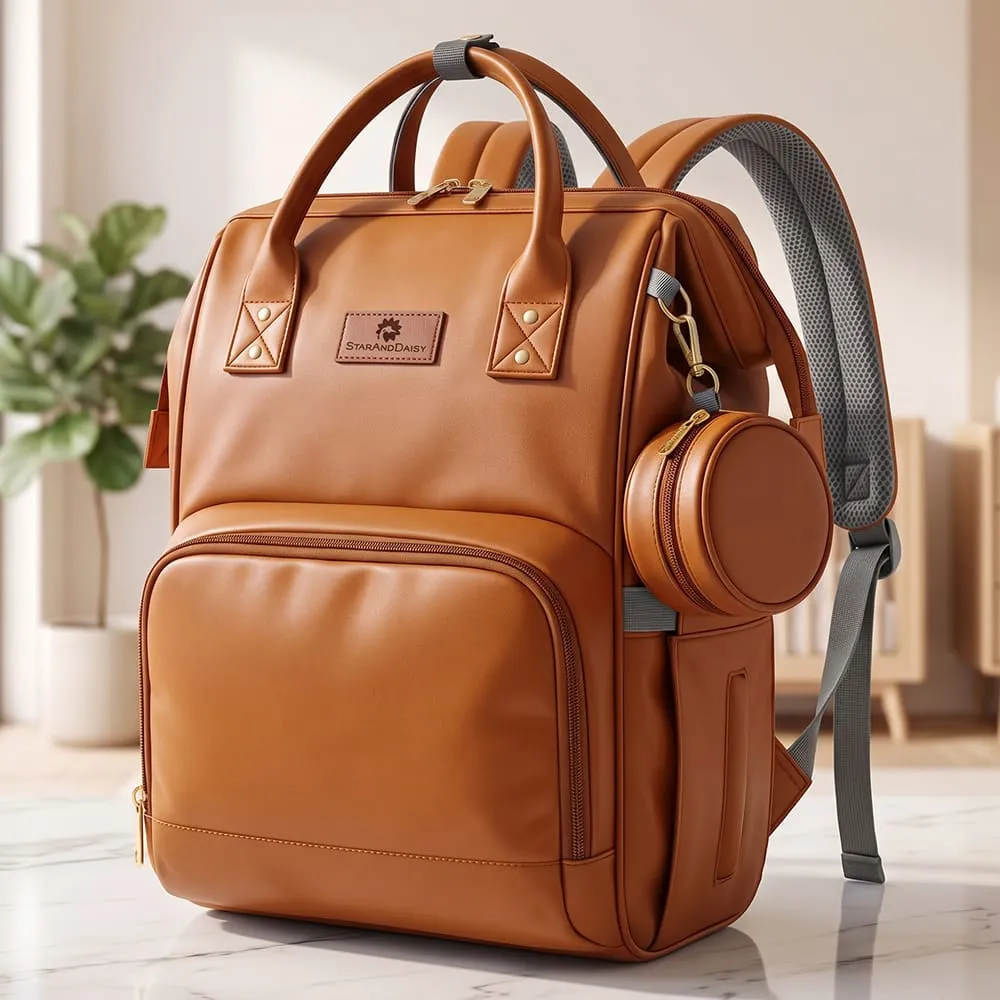 StarAndDaisy Luxury Diaper Backpack, Backpacks with Multi-Compartments, Insulated Bottle Pocket, Extra Small Pouch & Ultra Vegan Leather 30L Capacity – Brown