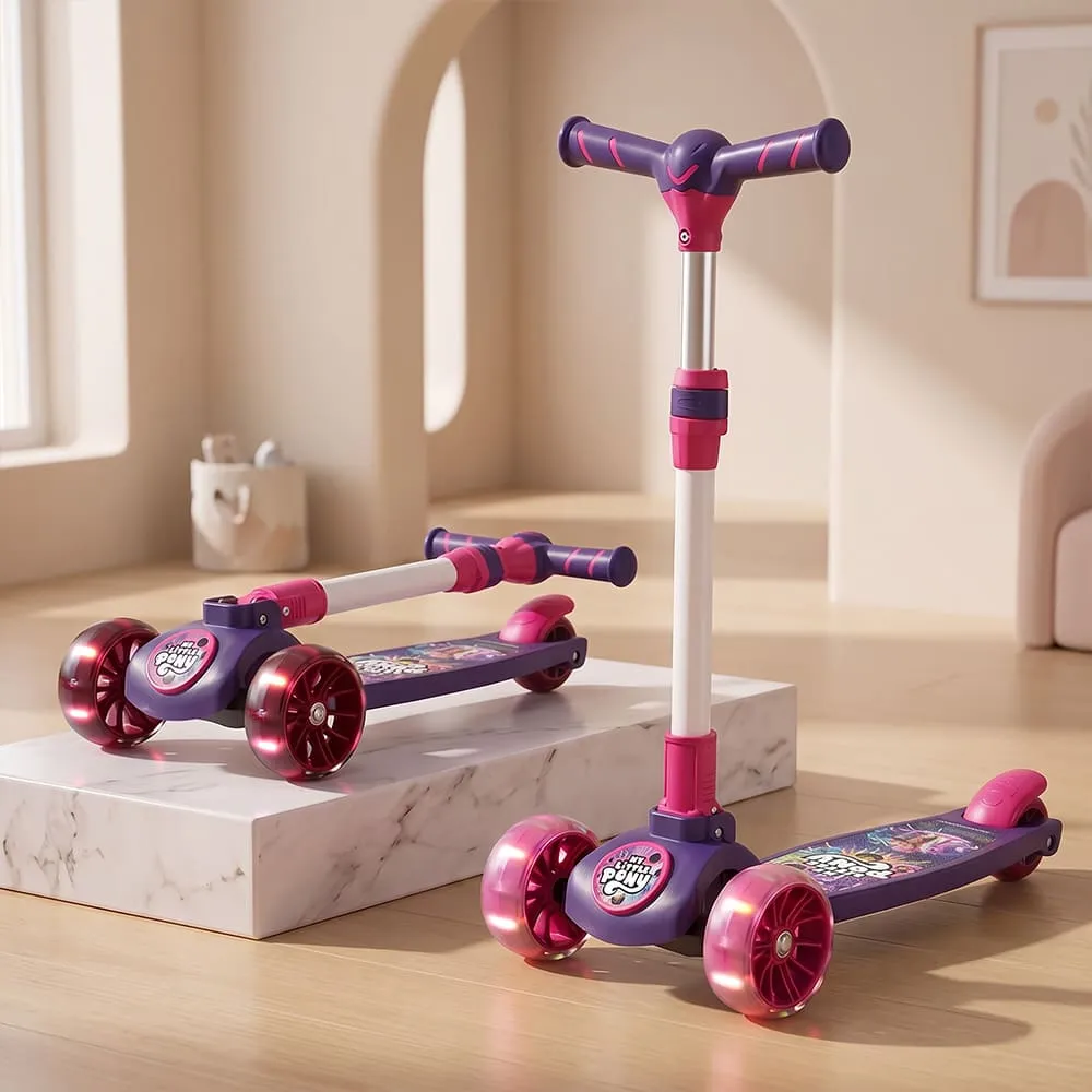StarAndDaisy X Peppa Pig My Little Pony Spartan Kids Scooter with LED Light Wheels and Height Adjustment, Strong and Sturdy 3-Wheel Kick Scooter – Purple