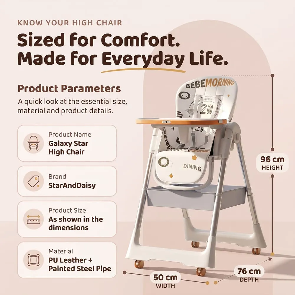 details and dimension of Galaxy High Chair orange