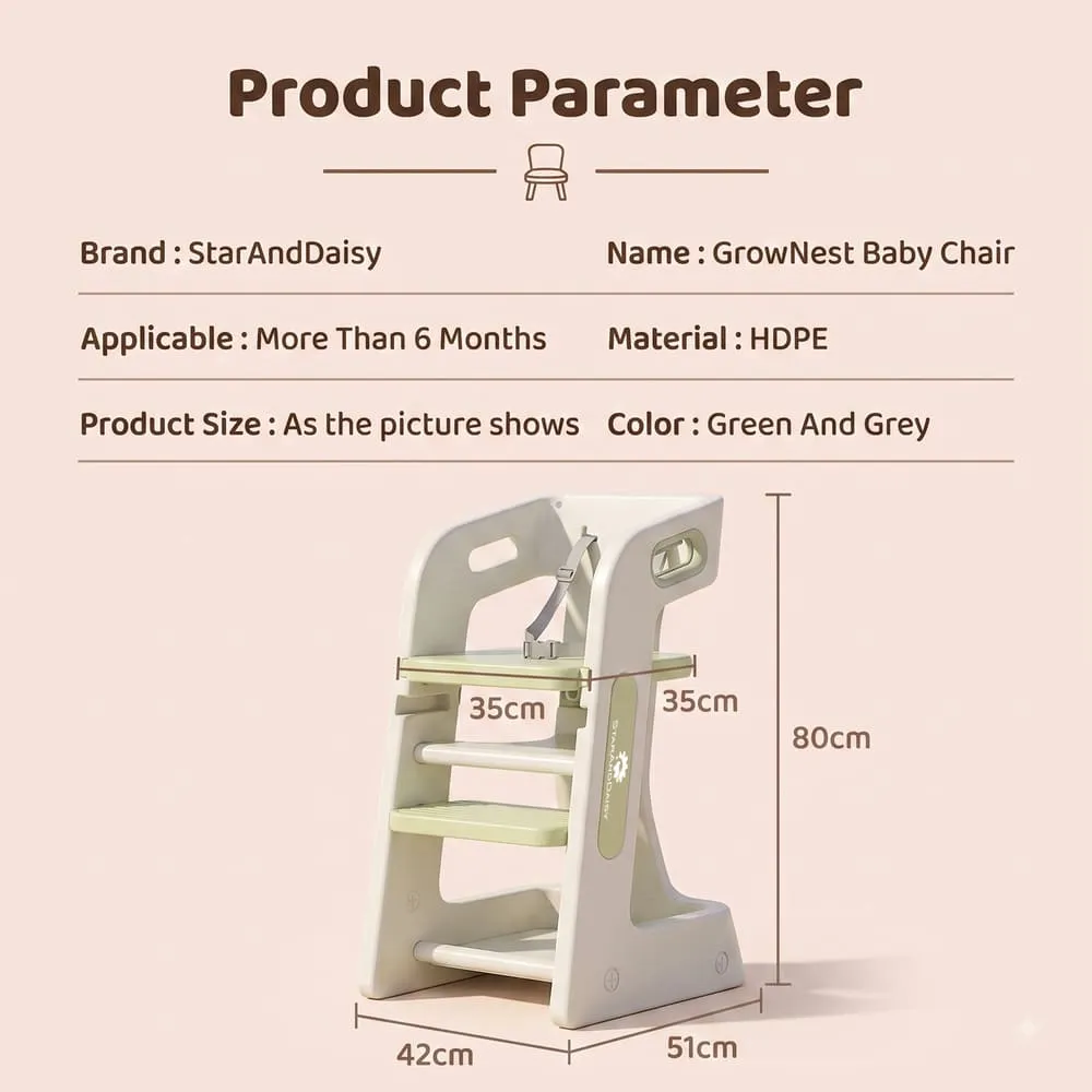 details and dimension of Grownest Adjustable Dining chair green