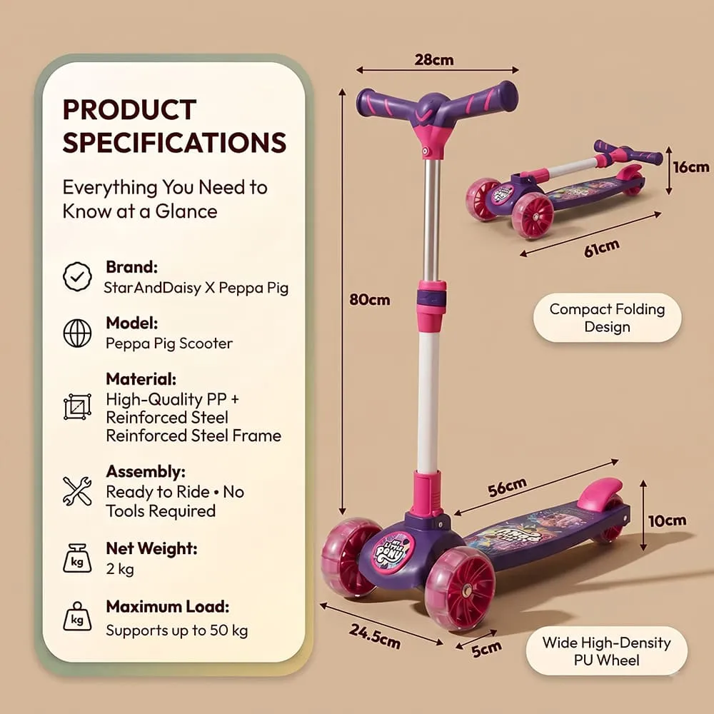 details and dimension of Peppa pig kids scooter purple