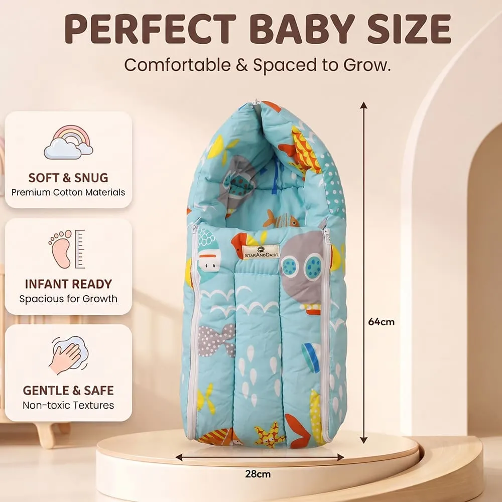 details and dimension of baby sleeping bag aqua print