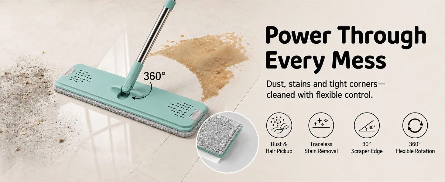 UPC Hands-Free Microfiber Flat Mop 360° Flexible Cleaning Mop