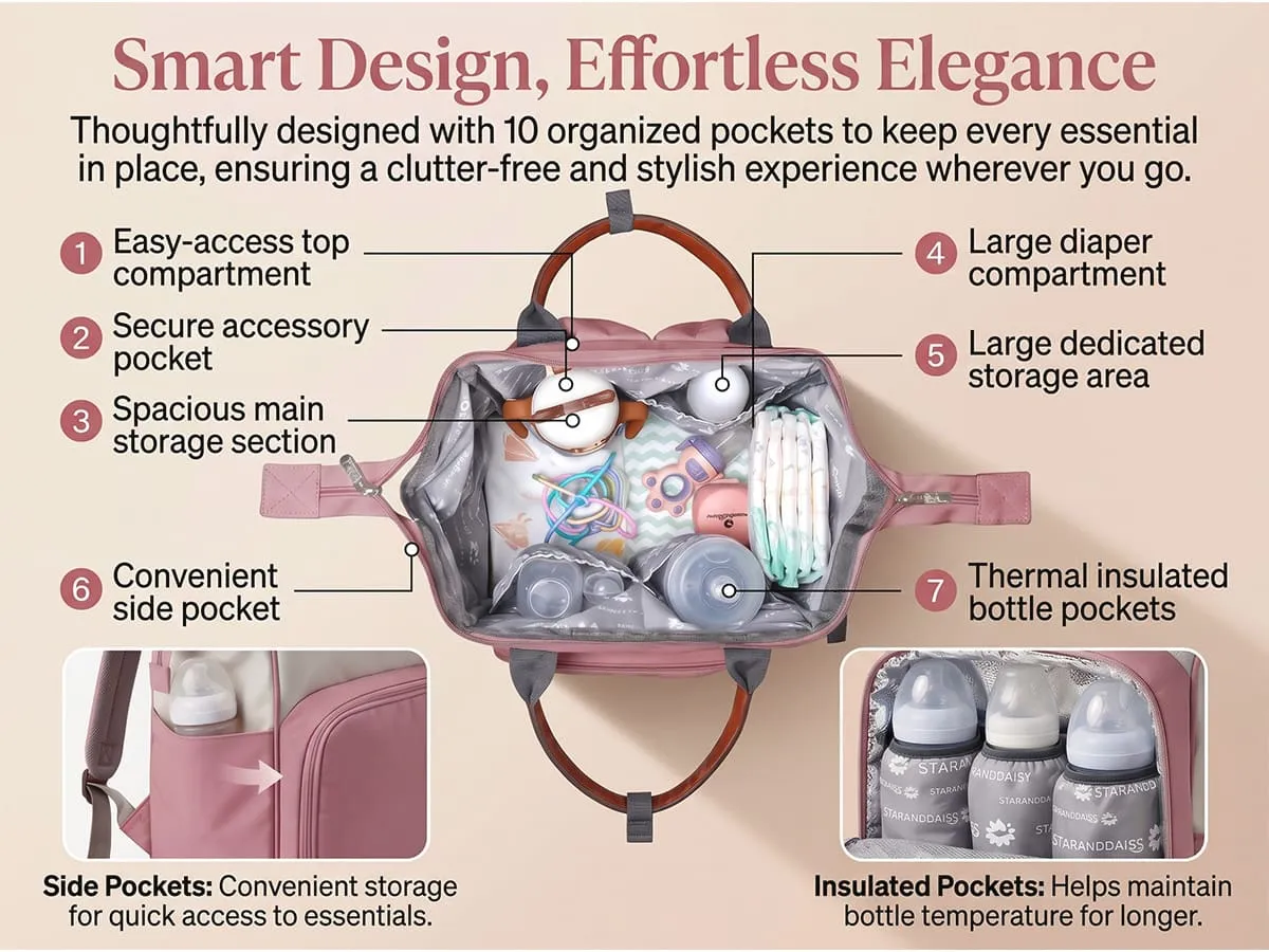 Baby Diaper Bag for Travel with Multi-Compartments, Insulated Bottle Pocket