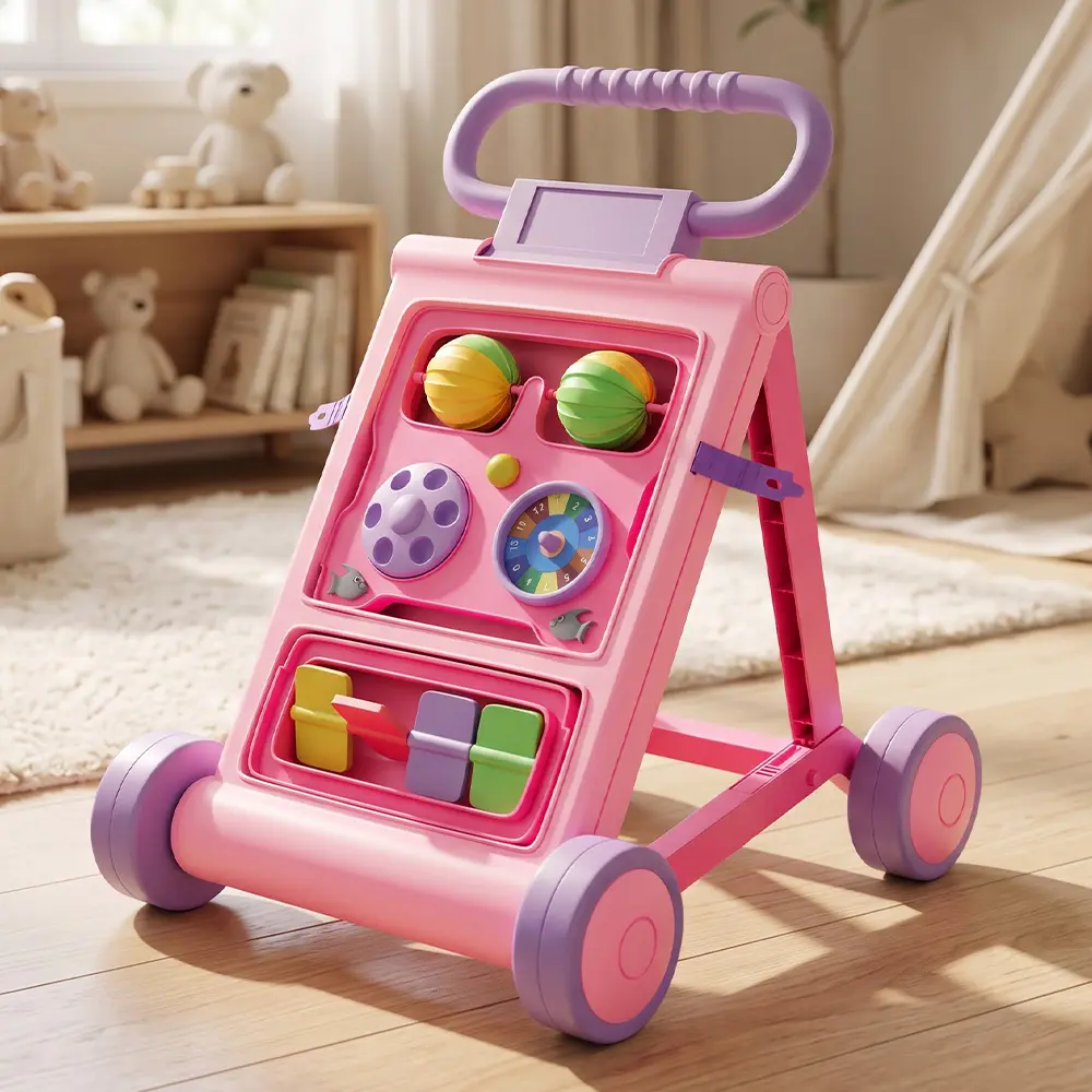 Uonibaby by StarAndDaisy Baby Push Walker with Music, Kids Push Walker with Wheels and Colorful Plates – Pink