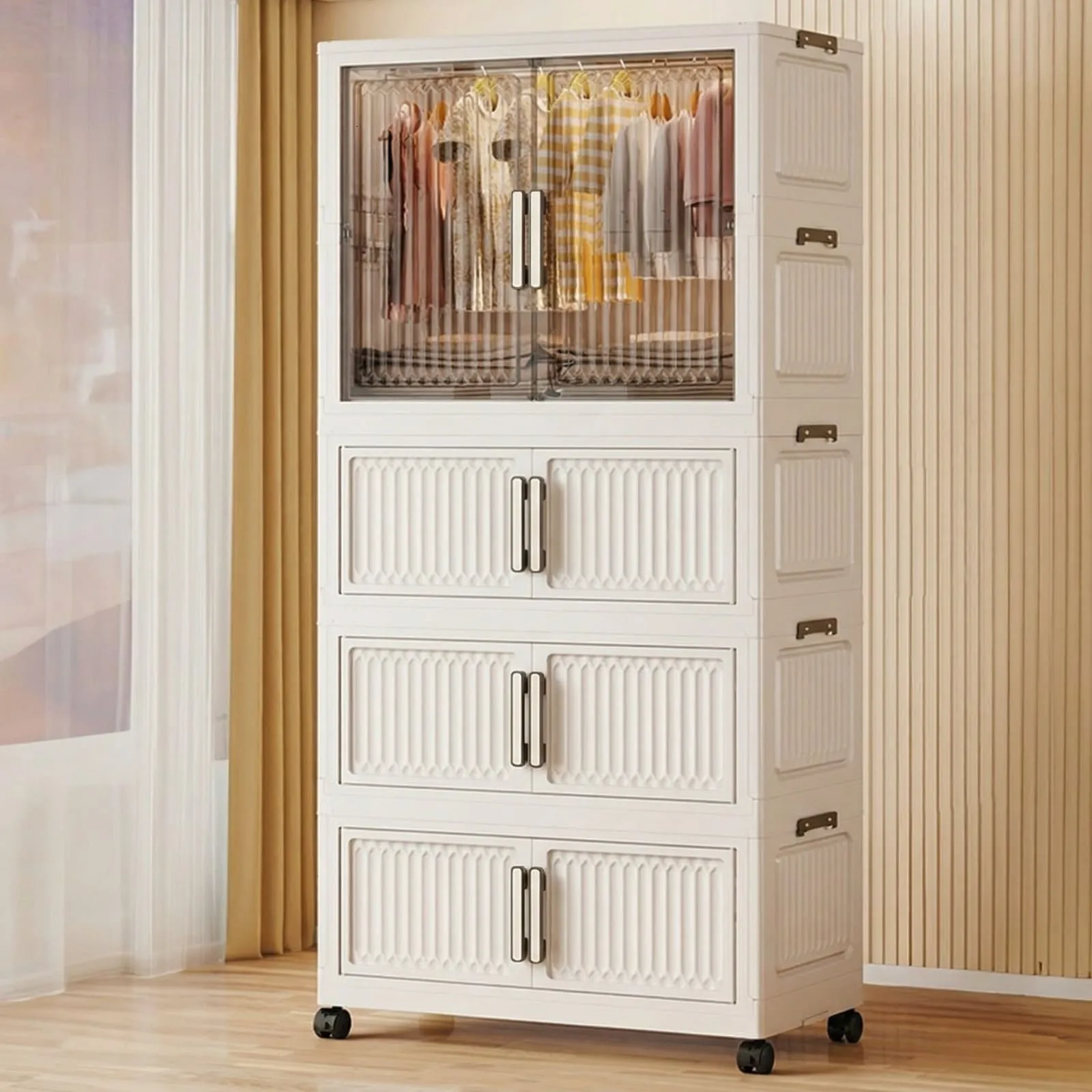 Foldable Wardrobe Clothes Organizer Storage Cabinets with Wheels white 3 and 1 Foldable Wardrobe Clothes Organizer Storage Cabinets with Wheels white 3 and 1
