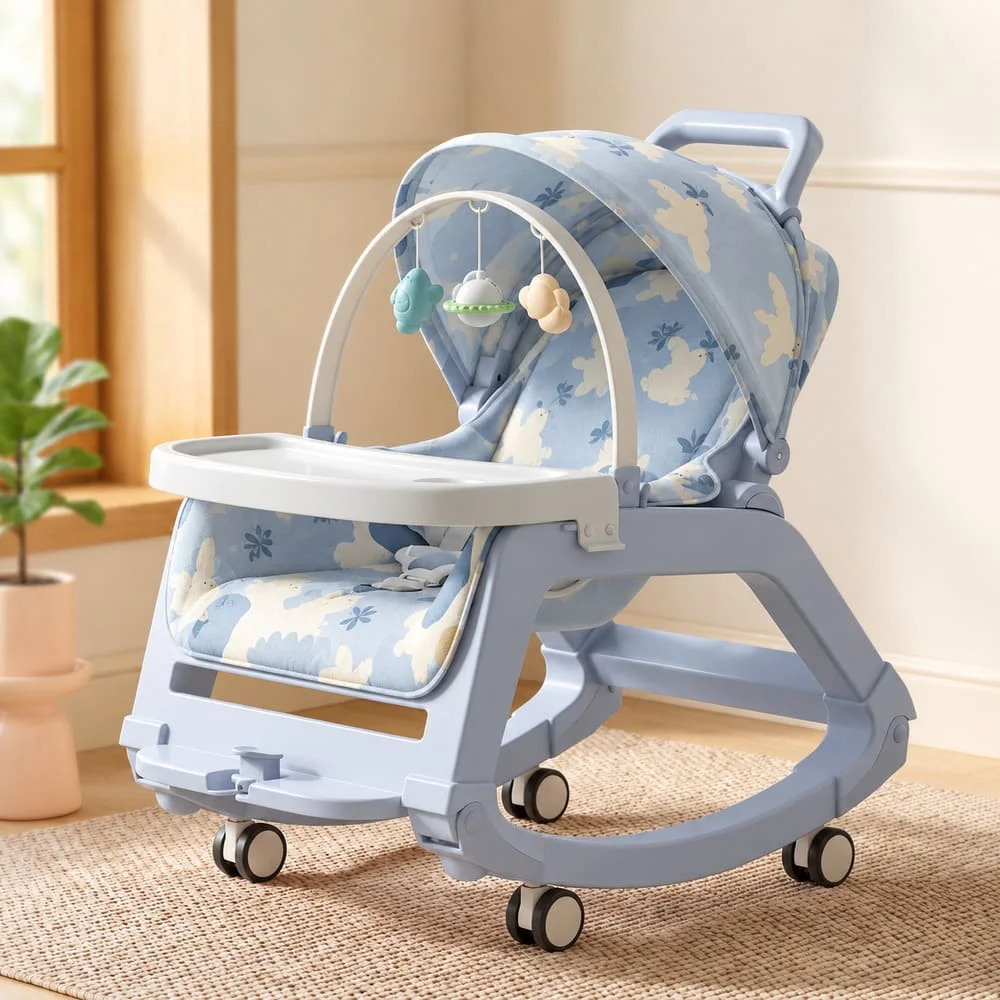 StarAndDaisy Multi-Purpose Baby Rocking Chair with Wheels, Push Handle, Foldable Baby Rocker, Infant to Toddler Seating (0–24 Months, BPA Free) – Blue