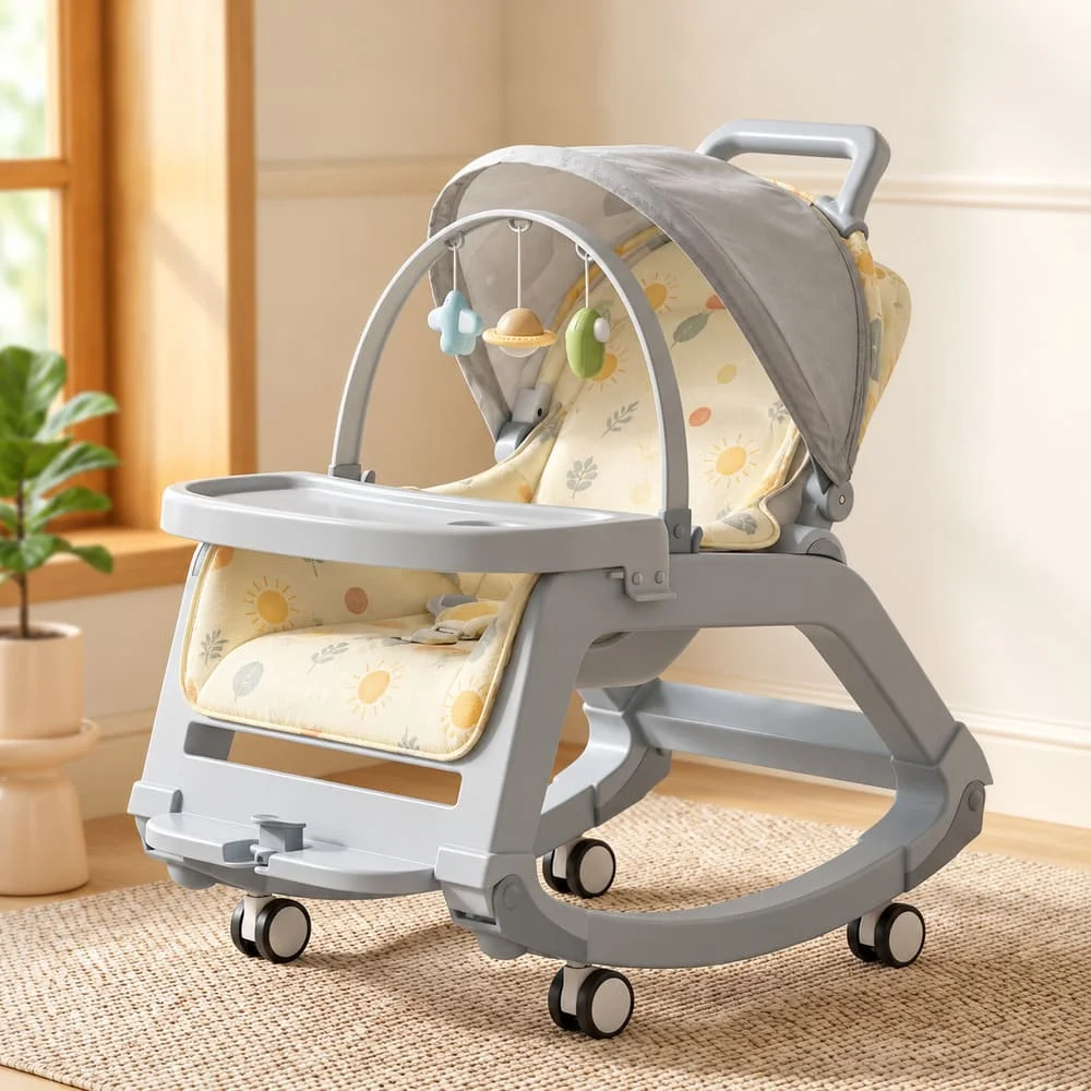 StarAndDaisy Multi-Purpose Baby Rocking Chair with Wheels, Push Handle, Foldable Baby Rocker, Infant to Toddler Seating (0–24 Months, BPA Free) – Grey