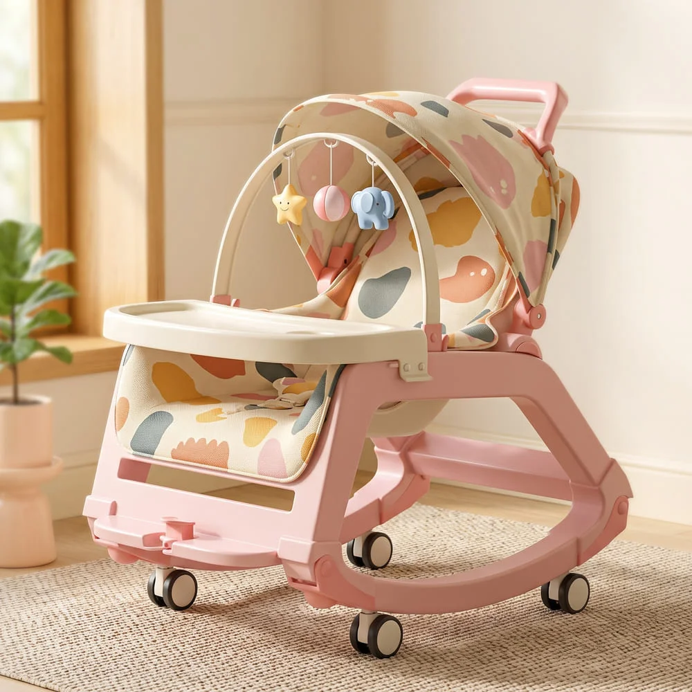 StarAndDaisy Multi-Purpose Baby Rocking Chair with Wheels, Push Handle, Foldable Baby Rocker, Infant to Toddler Seating (0–24 Months, BPA Free) – Pink
