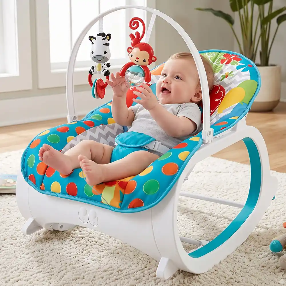 StarAndDaisy Baby Rocker Chair with Toy Bar, Infant Rocking Seat with Soft Cushion, Safety Harness & Interactive Toys for Newborns and Babies – Blue