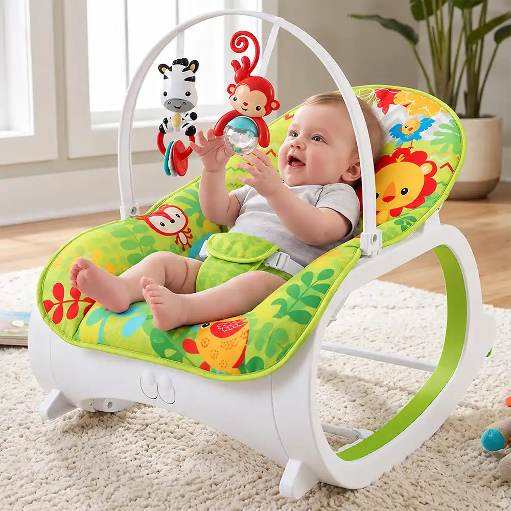 StarAndDaisy Baby Rocker Chair with Toy Bar, Infant Rocking Seat with Soft Cushion, Safety Harness & Interactive Toys for Newborns and Babies – Green